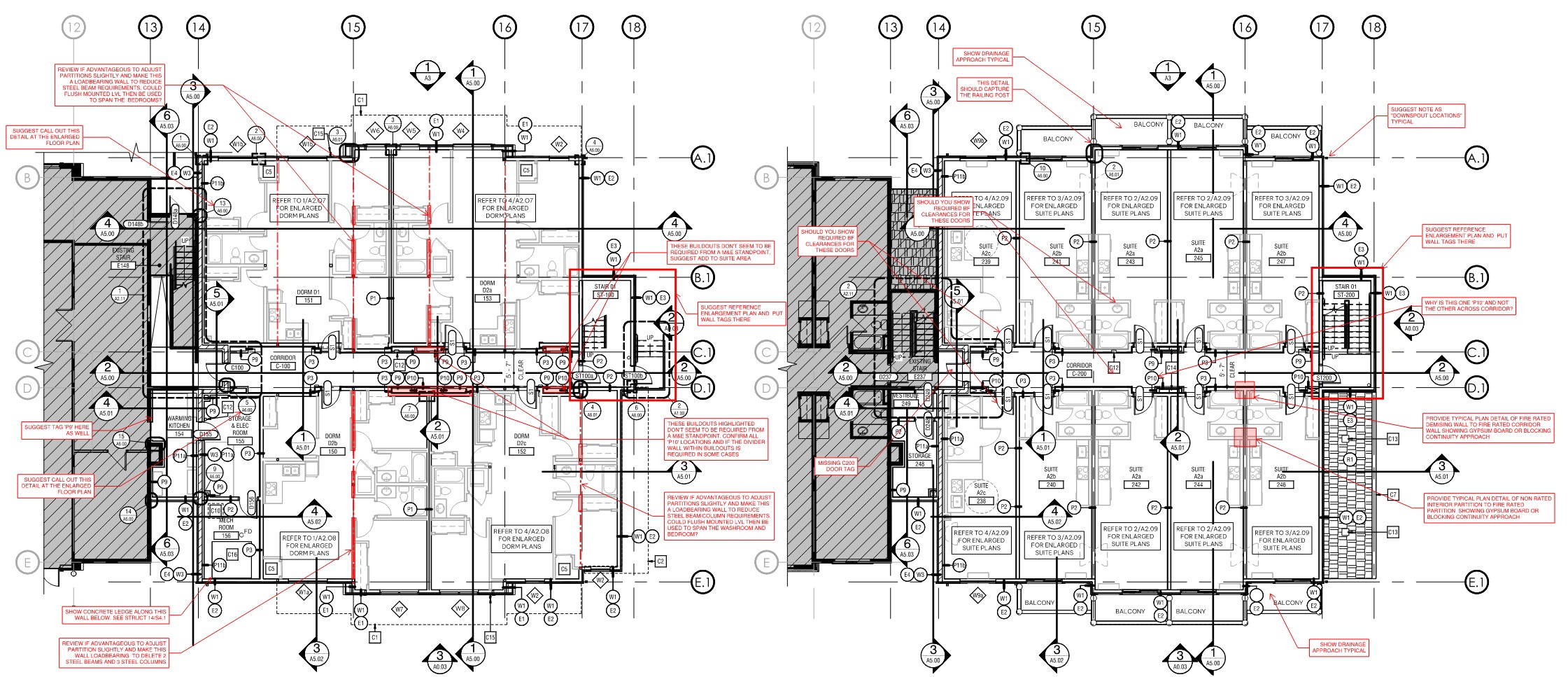 Architectural drawing redline markup example via Bluebeam Revu